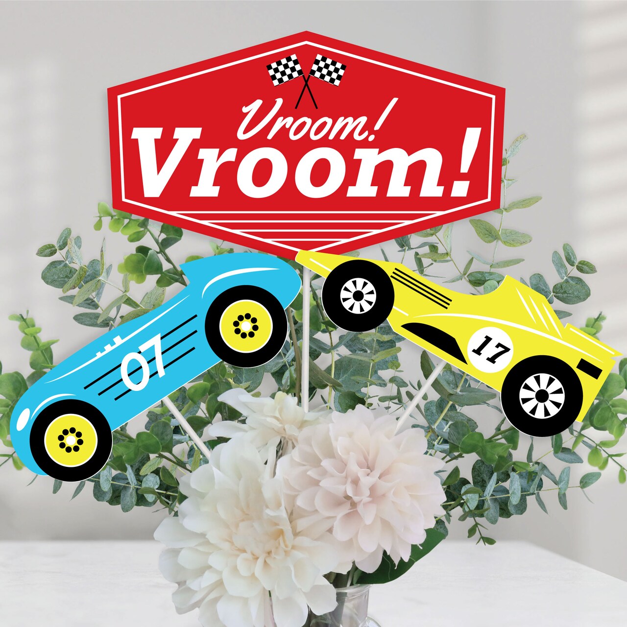 Big Dot of Happiness Let's Go Racing - Racecar - Race Car Birthday Party or Baby Shower Centerpiece Sticks - Table Toppers - Set of 15